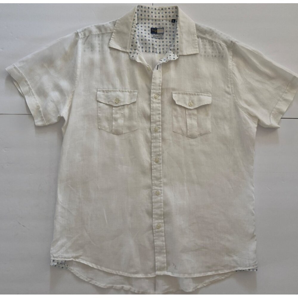 White Linen Mens XL Utility Button Down Safari Camp Shirt Retro Double Pocket So